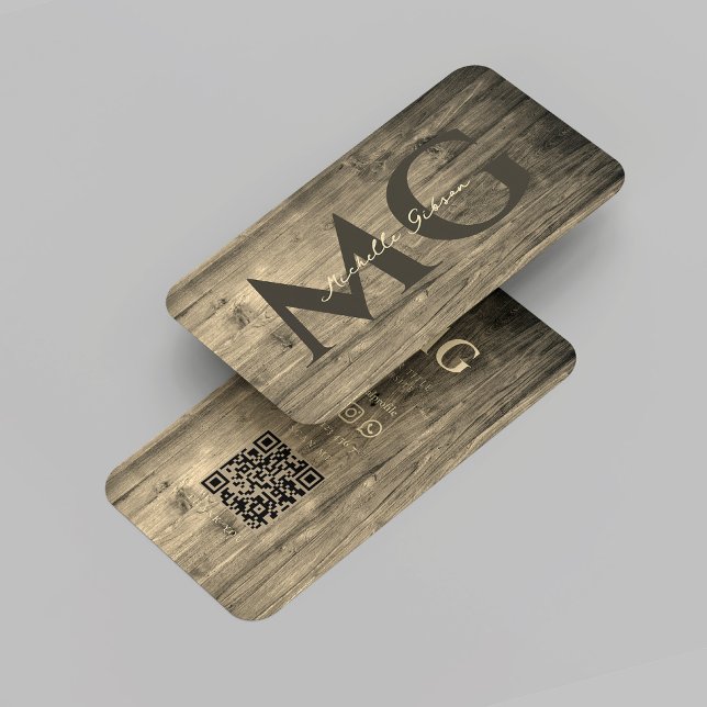 Moderne elegante Monogram Holzbearbeitung QR Visitenkarte (Modern Elegant Monogram Wood Woodworking Rustic Gold Wood Worker QR Business Card
)
