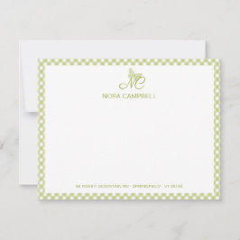Moderne elegante Monogram Light Green Gingham Karo Mitteilungskarte