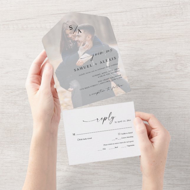 Moderne, elegante Monogram-Minimalistische Foto-Ho All In One Einladung (Abreißen)