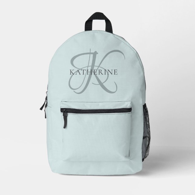 Moderne elegante Monogram Script Aqua Blue Bedruckter Rucksack (Vorderseite)
