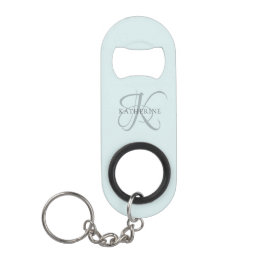 Moderne elegante Monogram Script Aqua Blue Mini Flaschenöffner