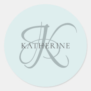Moderne elegante Monogram Script Aqua Blue Runder Aufkleber