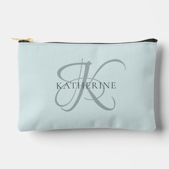 Moderne elegante Monogram Script Aqua Blue Zubehörtasche (Vorderseite)