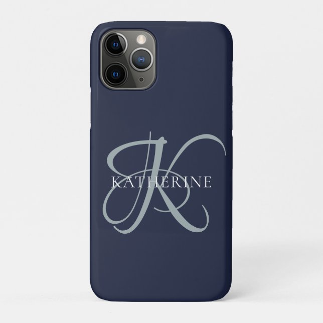 Moderne elegante Monogram Script Navy Blue Case-Mate iPhone Hülle (Rückseite)