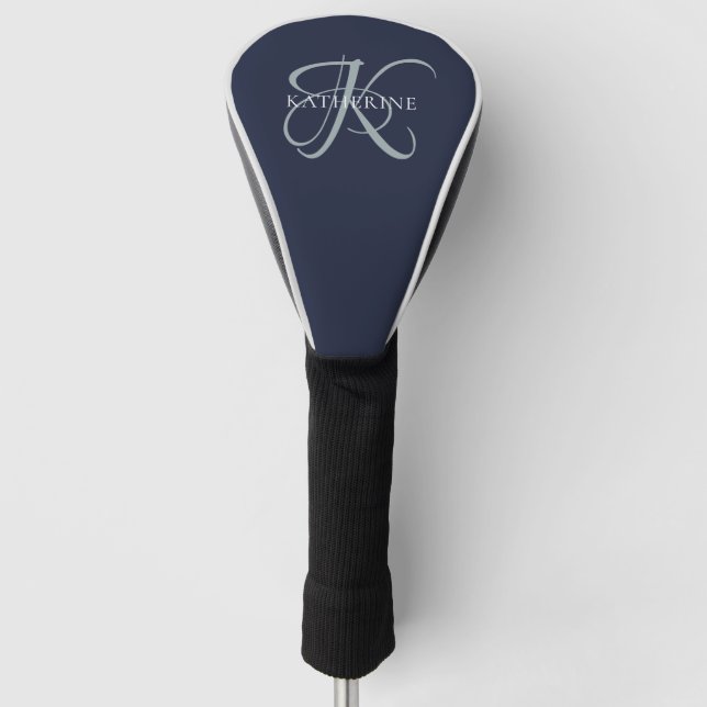 Moderne elegante Monogram Script Navy Blue Golf Headcover (Vorderseite)