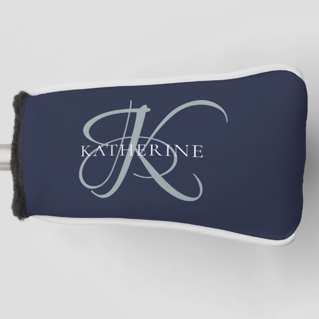 Moderne elegante Monogram Script Navy Blue Golf Headcover (Vorderseite)
