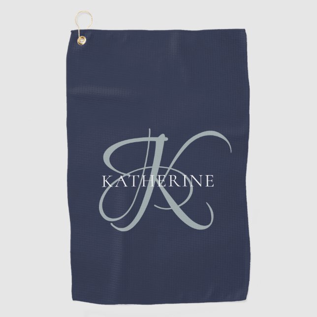 Moderne elegante Monogram Script Navy Blue Golfhandtuch (Vorderseite)