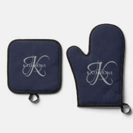 Moderne elegante Monogram Script Navy Blue Ofenhandschuh & Topflappen-Set