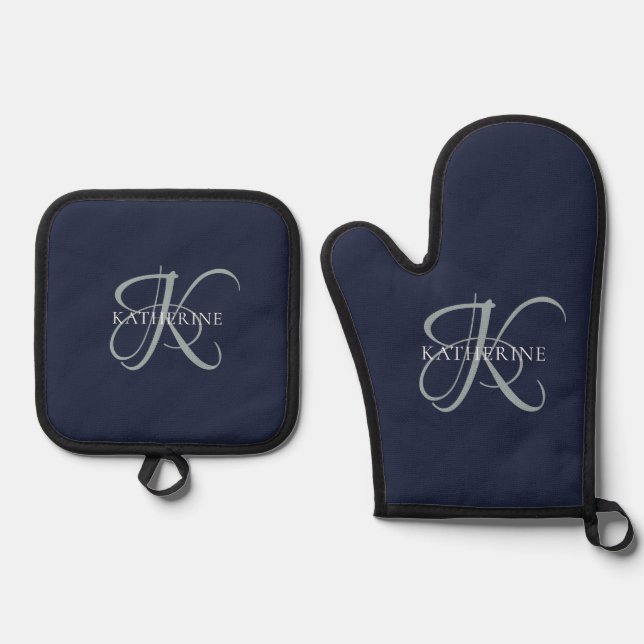 Moderne elegante Monogram Script Navy Blue Ofenhandschuh & Topflappen-Set (Vorderseite)
