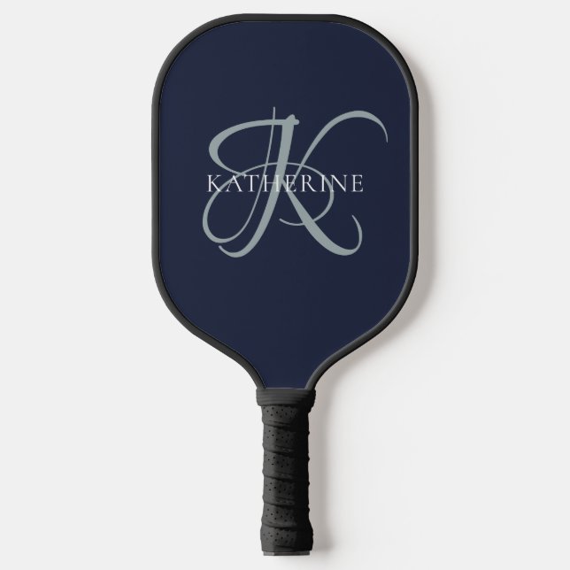 Moderne elegante Monogram Script Navy Blue Pickleball Schläger (Vorderseite)