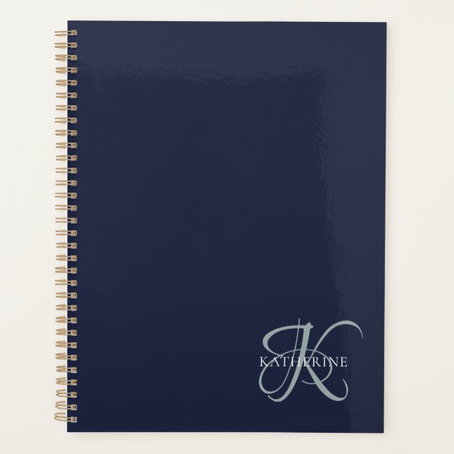 Moderne elegante Monogram Script Navy Blue Planer (Vorderseite)