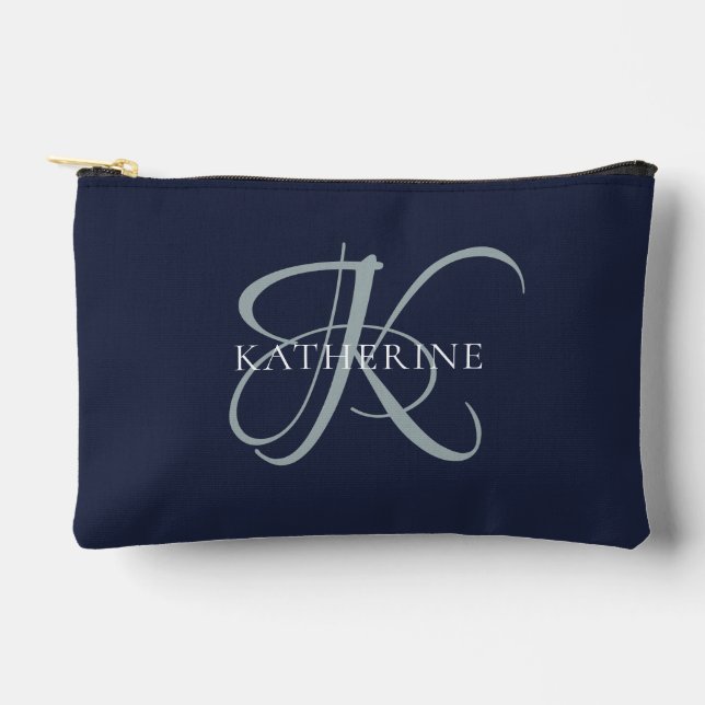 Moderne elegante Monogram Script Navy Blue Zubehörtasche (Vorderseite)