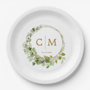 Moderne, elegante Monogramm, Eukalyptus-Hochzeit Pappteller