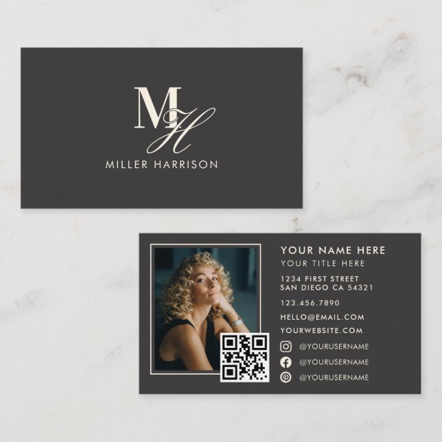 Moderne elegante Monogramm-Luxus-Foto-QR-Code Visitenkarte (Vorne/Hinten)