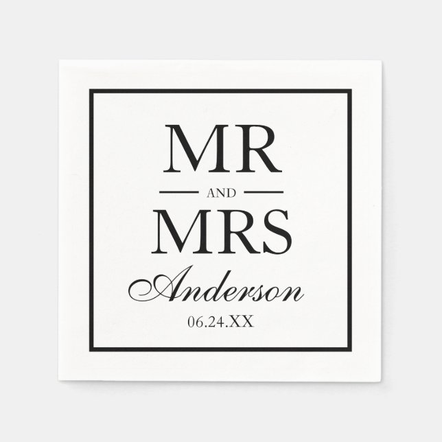 Moderne Elegante Mr. and Mrs Wedding BW Serviette (Vorderseite)