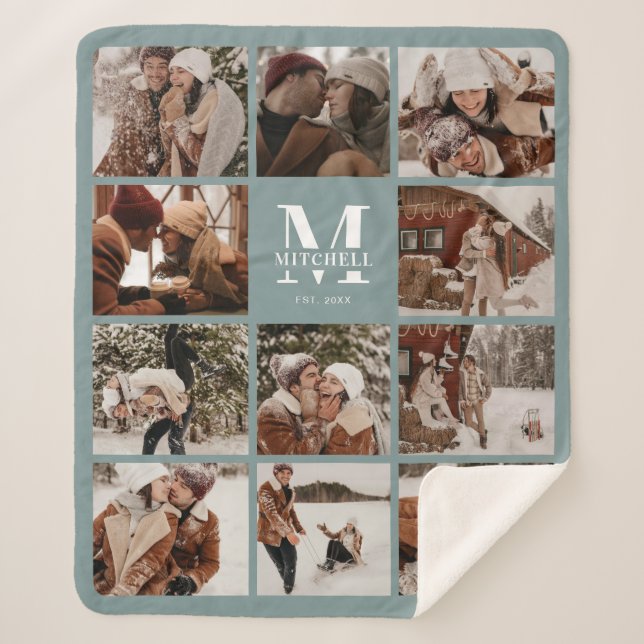 Moderne Elegante Multi-Foto Collage Sage Green Sherpadecke (Vorderseite)