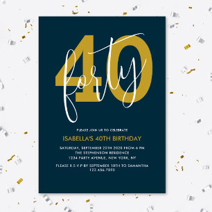 Moderne elegante Navy-Blau-Gold 40. Geburtstag Einladung