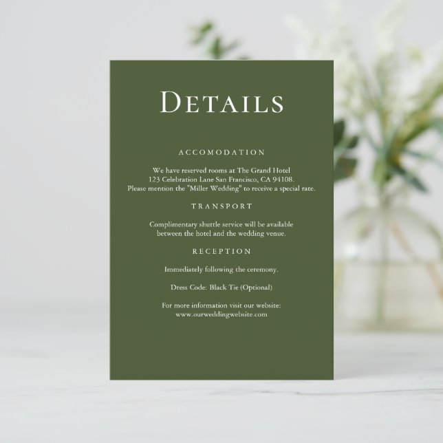 Moderne elegante Olive Green Wedding Details Begleitkarte (Stehend Vorderseite)