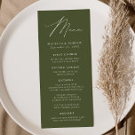 Moderne elegante Olive Green Wedding Menükarte<br><div class="desc">Einfaches und elegantes Hochzeitsmenü mit "Menü",  das in einem modernen weißen Skript mit einem olivgrünen Hintergrund oder Farbe Ihrer Wahl angezeigt wird. Persönlich gestalten Sie das Olivenöl-grüne Hochzeitsmenü mit Namen,  Hochzeitsdatum und Menüinformationen. Entworfen,  um mit unserer Hochzeitskollektion "Moderne Elegance" zu koordinieren.</div>