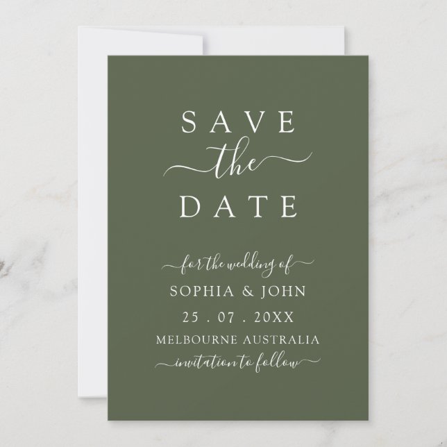 Moderne elegante Olive Green Wedding Save The Date (Vorderseite)