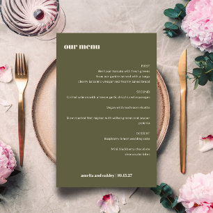 Moderne elegante Oliven-Grün-Hochzeitsmenü