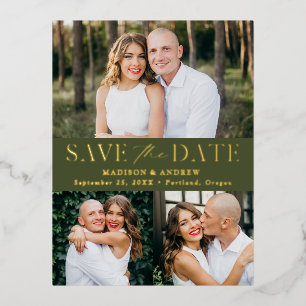 Moderne elegante olivgrüne Save-the-Date-Karte mit Folie Einladungspostkarte