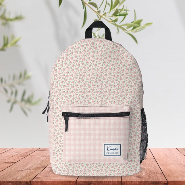 Moderne Elegante Pastel Pink Beige Floral Gingham Bedruckter Rucksack (Von Creator hochgeladen)
