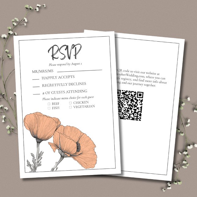Moderne Elegante Peach Floral Poppies Wedding RSVP Karte (Peach Wedding RSVP Card with Poppies, Guest Response, Meal Selections, and Modern Typography.)