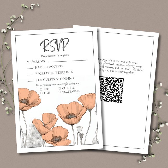 Moderne Elegante Peach Floral Poppies Wedding RSVP Karte (Peach Floral Wedding RSVP with California Poppies, Modern Typography and QR Code for wedding website)