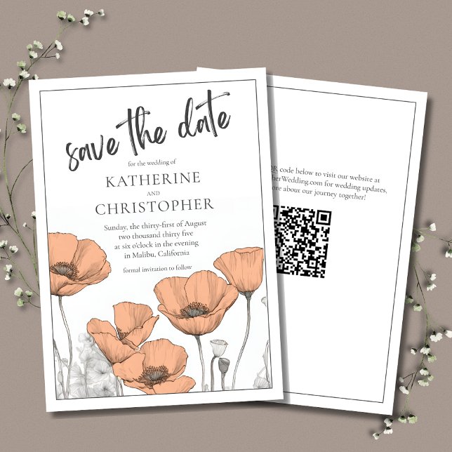 Moderne Elegante Peach Poppies Blumenhochzeit Save The Date (Elegant Wedding Save the Date announcement with Peach Poppies and QR Code for the wedding website.)
