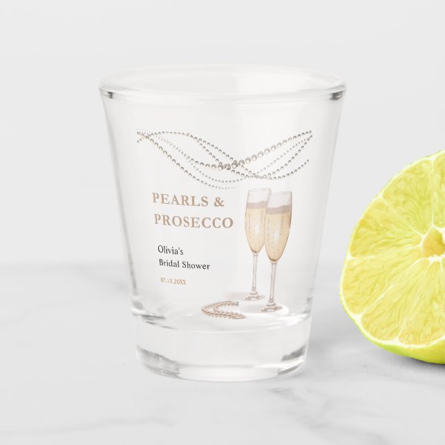 Moderne Elegante Perlen & Prosecco Brautparty Schnapsglas (Vorderseite)