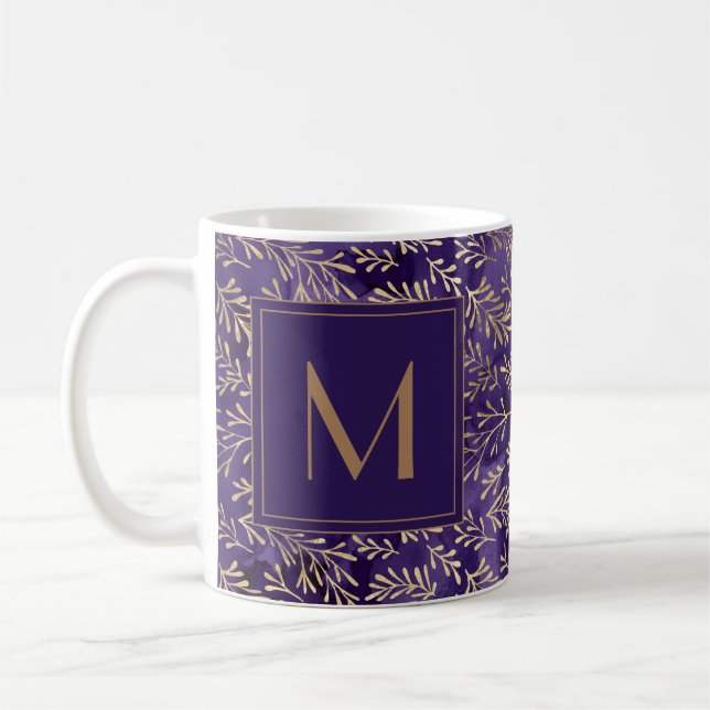 Moderne, elegante Pflaume-Lila-Gold-Blätter Monogr Kaffeetasse (Links)