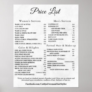 Moderne elegante Preisliste des Schönheitssalons Poster