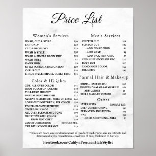 Moderne elegante Preisliste des Schönheitssalons Poster
