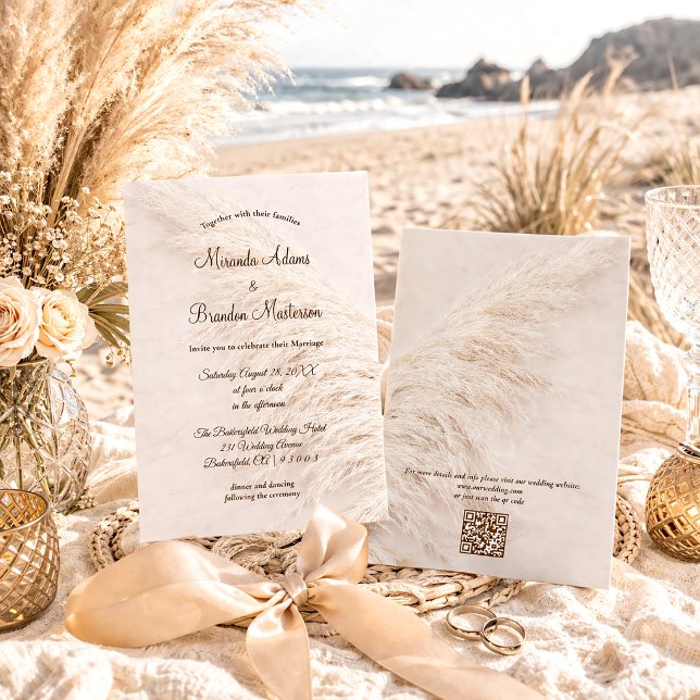 Moderne Elegante QR-Code Pampas Gras Boho Hochzeit Einladung (Von Creator hochgeladen)