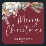 Moderne Elegante Red Christmas Custom Botanical Quadratischer Aufkleber<br><div class="desc">Lassen Sie sich mit diesen eleganten, dunkelgrünen Weihnachtsaufklebern von Ihren Urlaubsgeschenken abheben. Sie sind mit minimalistischer Eleganz und moderner Typografie gestaltet und eignen sich perfekt für eine stilvolle, persönliche Touch. Einfaches Anpassen mit Ihrem eigenen Foto und Familiennamen für einen trendigen und einzigartigen Weg, um Merry und Bright fröhlich in dieser...</div>