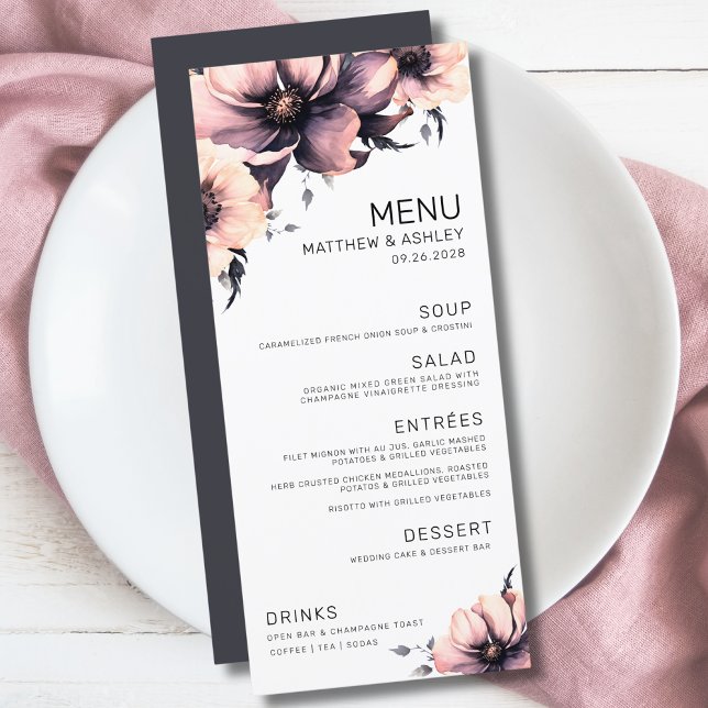 Moderne elegante rosa Blumenhochzeit Menükarte (Unique Modern Elegant Floral Pink Black Wedding Menu)