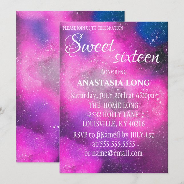 Moderne, elegante rosa Galaxie Save The Date (Vorne/Hinten)