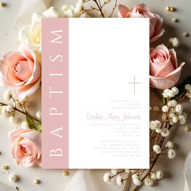 Moderne elegante Rosa-Kreuz-Taufe Einladung (Modern Elegant Blush Pink Cross Girl Baptism Invitation)