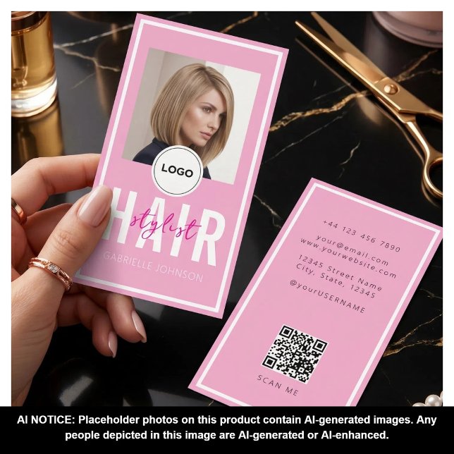 Moderne elegante rosa Logo QR-Code Friseur  Visitenkarte (Von Creator hochgeladen)