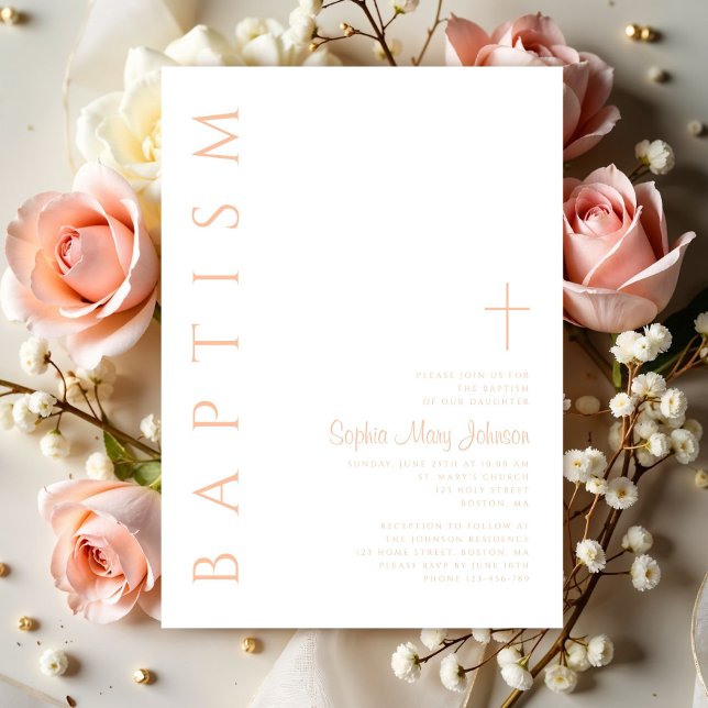 Moderne elegante rosa religiöse Cross-Girl-Taufe Einladung (Modern Elegant Pink Religious Cross Girl Baptism Invitation)