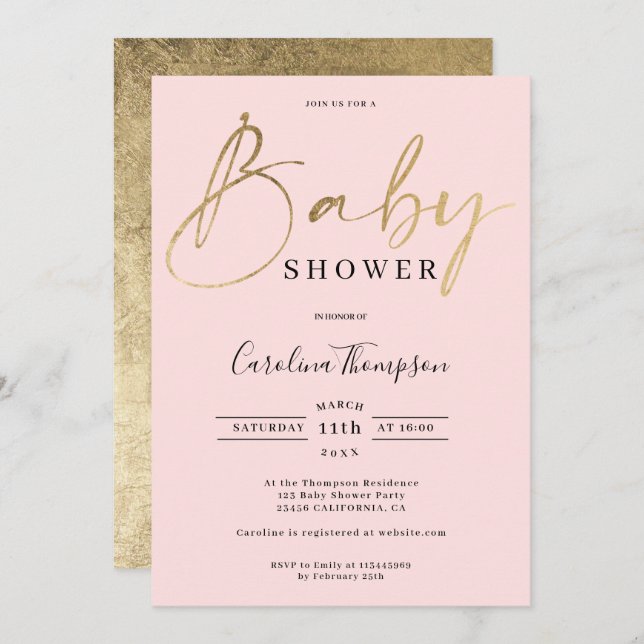 Moderne, elegante Rosa-Schriftart-Dusche Einladung (Vorne/Hinten)
