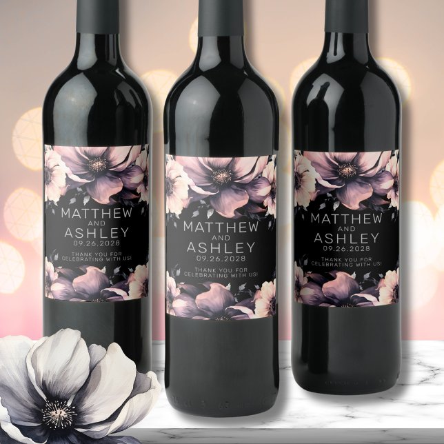 Moderne elegante Rosa Schwarze Blütenhochzeit Weinetikett (Unique Modern Elegant Floral Pink Black Wedding Wine Label)