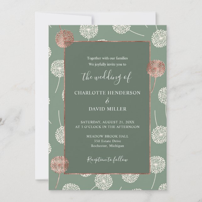 Moderne elegante Rose Gold Dandelion Green Wedding Einladung (Vorderseite)