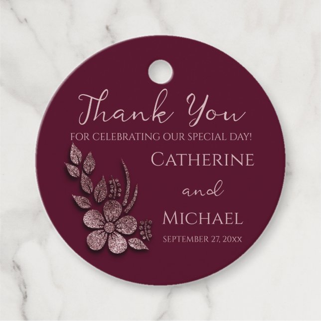 Moderne Elegante Rose Gold Glitzer Blumen & Burgun Geschenkanhänger (Vorderseite)