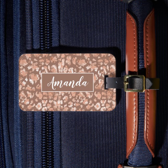 Moderne Elegante Rose Gold Glitzer Leopard Print Gepäckanhänger (Vorderseite Insitu 4)