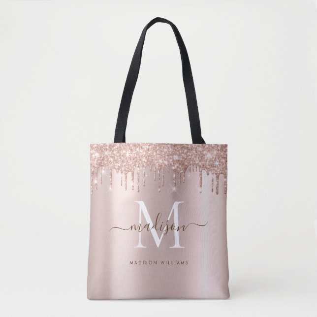 Moderne elegante Rose Gold Glitzer Monogram Script (Vorderseite)
