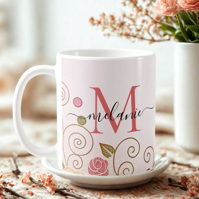 Moderne elegante Rose Gold Glitzer Monogram Script Kaffeetasse (Von Creator hochgeladen)