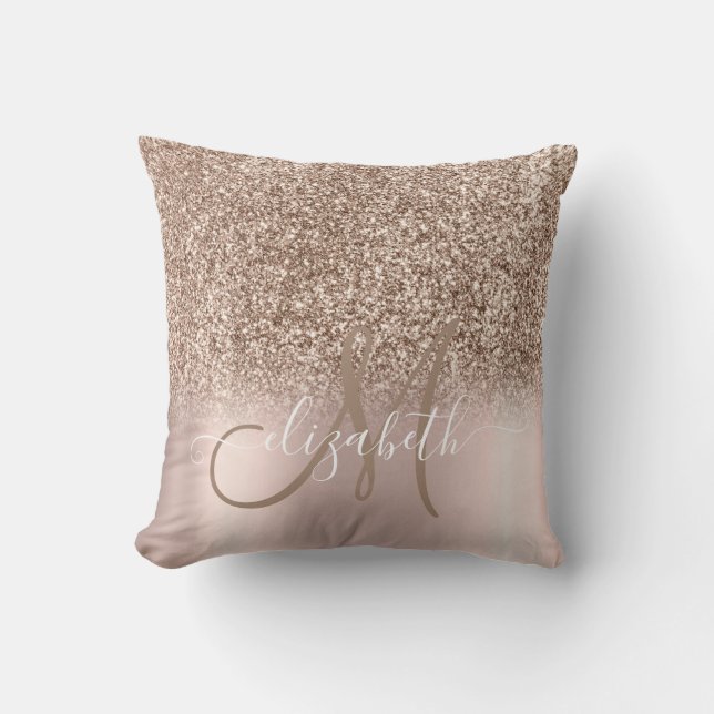 Moderne elegante Rose Gold Glitzer Ombre Monogram Kissen (Vorderseite)