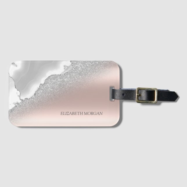 Moderne Elegante Rose Gold Glitzer Silbermarmor Gepäckanhänger (Vorderseite (Horizontal))
